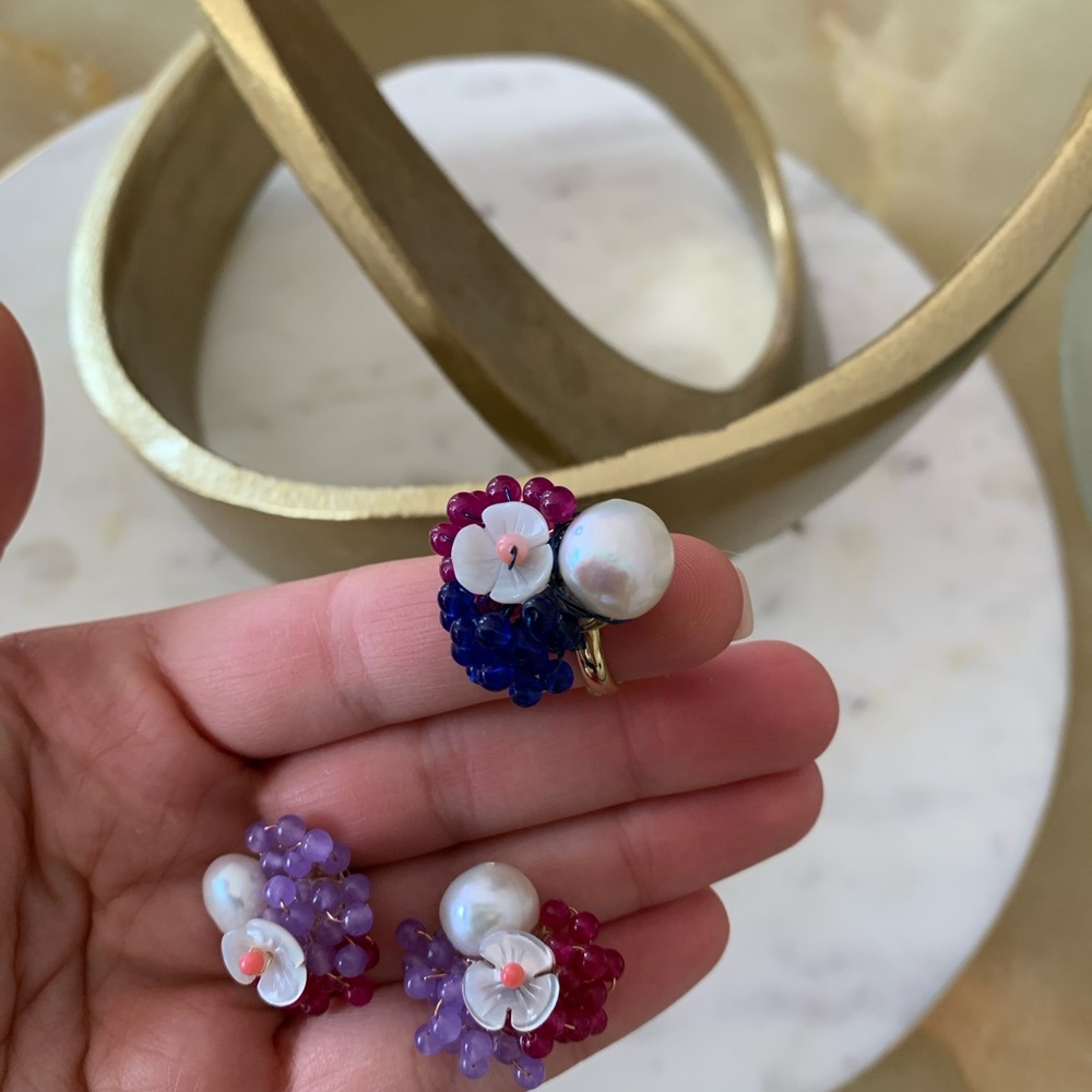 Designer natural Pearl silver set: ring and earrings